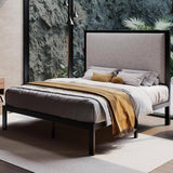 Full size Black Metal Platform Bed Frame with Grey Linen Upholstered Headboard