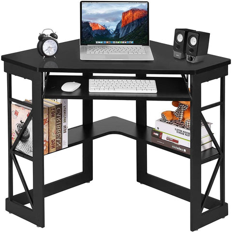 Home Office Corner Computer Desk with Keyboard Tray and Storage Shelves in Black