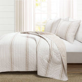 King Size Beige White 3 Piece Stripe Reversible Cotton Quilt Set