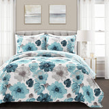 Full/Queen Blue Grey Flowers Lightweight Polyester Microfiber Quilt Set