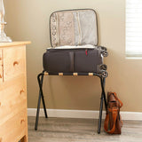 Black Metal Folding Luggage Rack with Khaki Fabric Straps