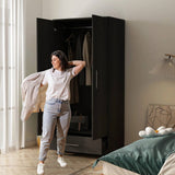 Modern Armoire Wardrobe Closet Cabinet with Storage Drawer in Black Wood Finish