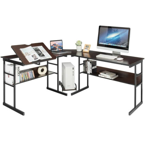 Modern Dark Brown Wood and Metal Corner L-Shaped Computer Desk