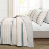 California King Blue Off-White Cream Stripe 3 Piece Reversible Cotton Quilt Set