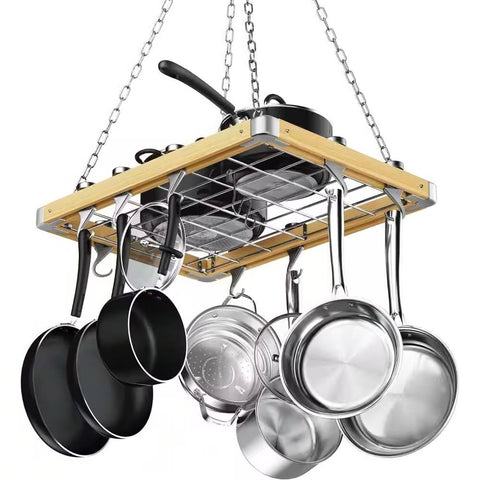 Rectangular 23.5-inch Metal Wood Ceiling Mounted Kitchen Pot Rack