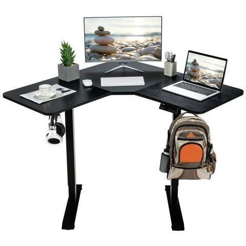 Black L-shaped Corner Desk for Sitting or Standing with Electric Lift