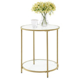 Modern Glass Top Round Metal End Table Nightstand with Bottom Shelf in Gold