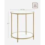 Modern Glass Top Round Metal End Table Nightstand with Bottom Shelf in Gold