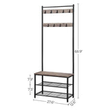 Modern Industrial Black Grey Entryway Coat Rack Shoe Bench with 2 Shelves