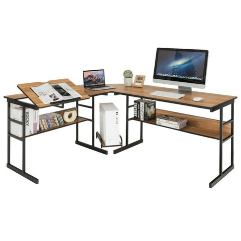 Modern Corner L-Shaped Computer Desk with Tilt Tabletop in Walnut Black Finish