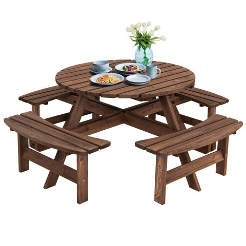 8-Set Outdoor Solid Wood Round Picnic Table with 4 Benches Patio Garden Dining Set