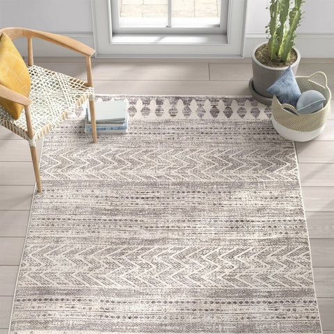 5-ft. x 7-ft. Grey Ivory Chevron Stripe Geometric Boho Style Area Rug