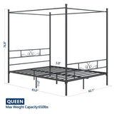 Queen size Four Poster French Country Metal Canopy Bed in Black Finish