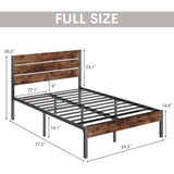 Full size Modern Farmhouse Metal Platform Bed Frame with Brown Wood Headboard