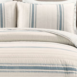 Full/Queen Blue Off-White Stripe 3 Piece Reversible Cotton Quilt Set