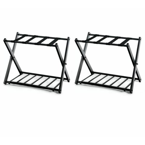 Set of 2 - Folding Black Metal Luggage Rack with Bottom Storage Shelf