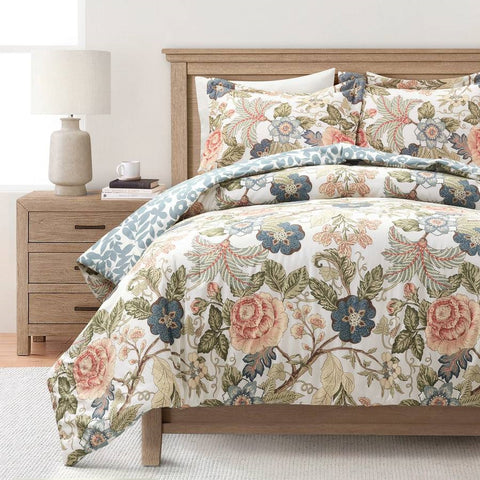 Full/Queen Floral Country Cottage Blue Green Coral Beige 3 Piece Comforter Set