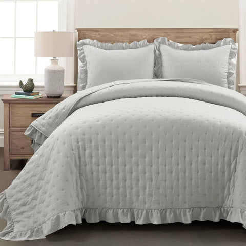 King Size Lightweight Grey Ruffle Reversible Oversized 3 Piece Quilt Set