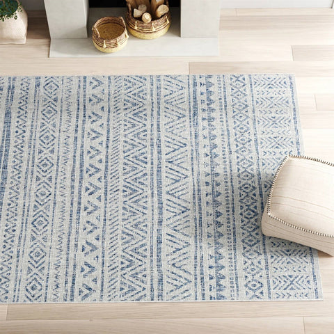 4 ft. x 6 ft. Blue Grey Chevron Coastal Boho Style Indoor Outdoor Area Rug