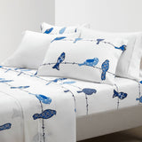 Full size Blue White Floral Birds on Wire Soft Polyester 6 Piece Sheet Set