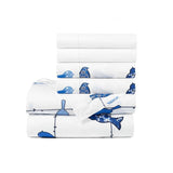 Full size Blue White Floral Birds on Wire Soft Polyester 6 Piece Sheet Set