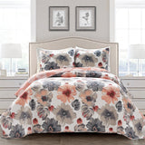 King size Coral Grey Flowers Lightweight Polyester Microfiber Quilt Set