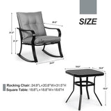 Outdoor 3-Piece Patio Furniture Table Rocking Chairs Set with Grey Cushions