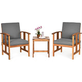 3-Piece Solid Wood Outdoor Patio Furniture Chairs Table Set with Grey Cushions