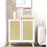 Modern Mid-Century Rattan Sideboard Buffet Table Dining Storage Cabinet in White