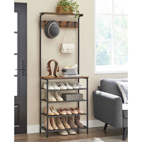 Modern Industrial Style Hall Tree Coat Rack Entryway Shoe Rack with 4 Shelves