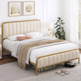 King size Gold Metal Platform Bed Frame with Off-White Upholstered Headboard