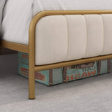 King size Gold Metal Platform Bed Frame with Off-White Upholstered Headboard