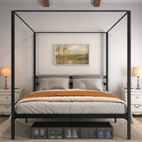 King size Modern Four Poster Metal Canopy Bed in Black Finish