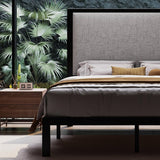 King Black Metal Platform Bed Frame with Tall Grey Linen Upholstered Headboard