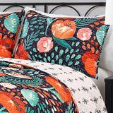 King size Boho Floral Red Poppy Navy Teal Lightweight 3 Piece Cotton Quilt Set