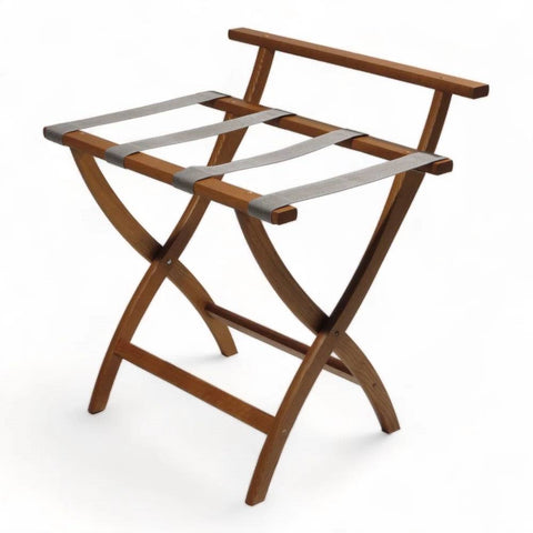 High Back Solid Wood Folding Luggage Rack with Grey Straps in Brown Finish