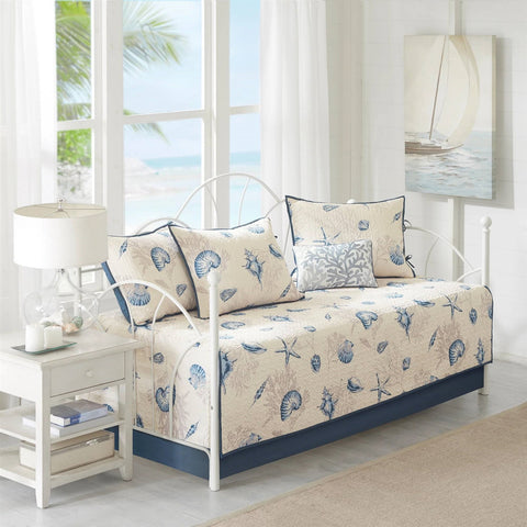 6-Piece Nautical Sea Shells Coral Blue Beige Reversible Daybed Cover Bedding Set