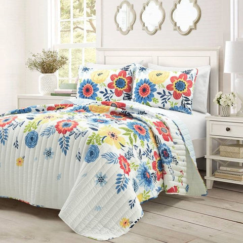 Full/Queen Lightweight Floral Navy Blue Coral White 3-Piece Polyester Quilt Set