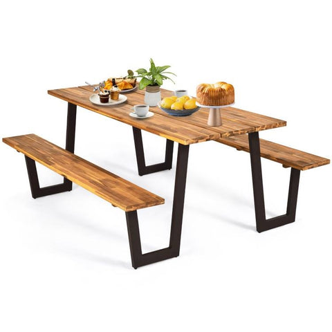 Modern Wooden Picnic Table with 2 Benches Outdoor Patio Dining Set