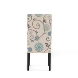 Set of 2 Beige Cream Teal Blue Floral Fabric Dining Chair with Wood Legs