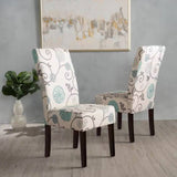 Set of 2 Beige Cream Teal Blue Floral Fabric Dining Chair with Wood Legs