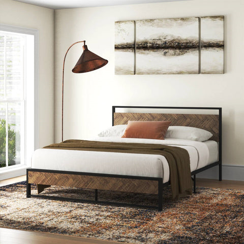 Queen Modern Industrial Metal Platform Bed Frame with Wood Headboard Footboard