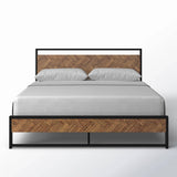 Queen Modern Industrial Metal Platform Bed Frame with Wood Headboard Footboard