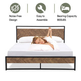 Queen Modern Industrial Metal Platform Bed Frame with Wood Headboard Footboard