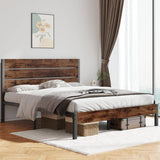 Queen size Modern Farmhouse Metal Platform Bed Frame with Brown Wood Headboard