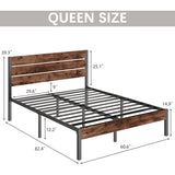 Queen size Modern Farmhouse Metal Platform Bed Frame with Brown Wood Headboard