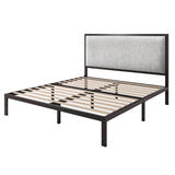 Queen Black Metal Platform Bed Frame with Tall Grey Linen Upholstered Headboard