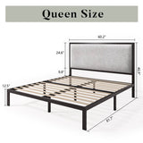 Queen Black Metal Platform Bed Frame with Tall Grey Linen Upholstered Headboard