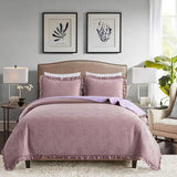 Queen Violet/Rose-Wood Velvet Microfiber Polyester Reversible 3-Piece Quilt Set