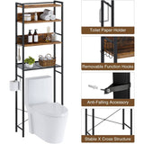 Over the Toilet Storage Freestanding Modern Black Metal Brown Wood Shelving Unit